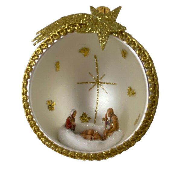 Mouth-Blown Glass Christmas Nativity Ornament  Silver Ball Gold Star Italy 5" - Picture 1 of 8